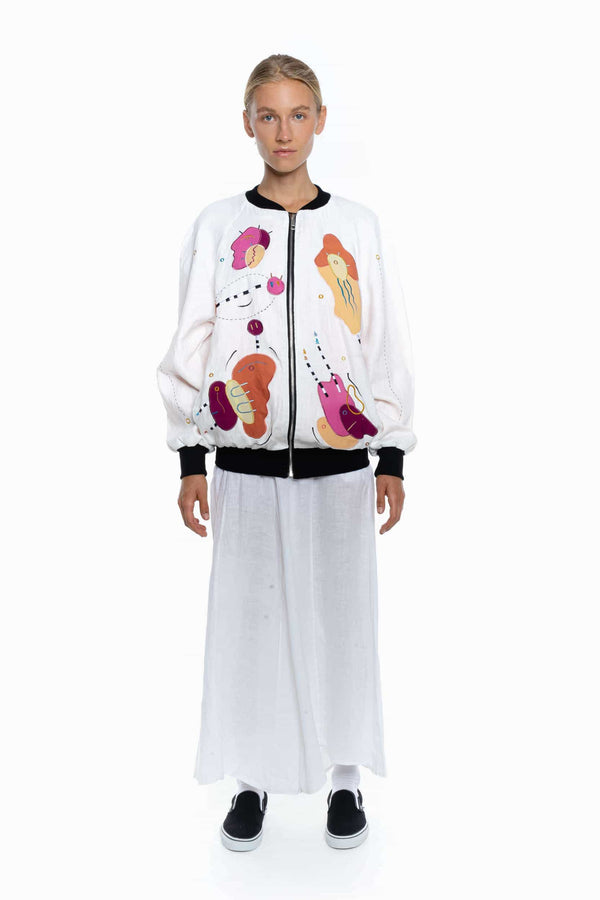 WHITE LIES, BRIGHT LINEN Unisex Bomber Jacket