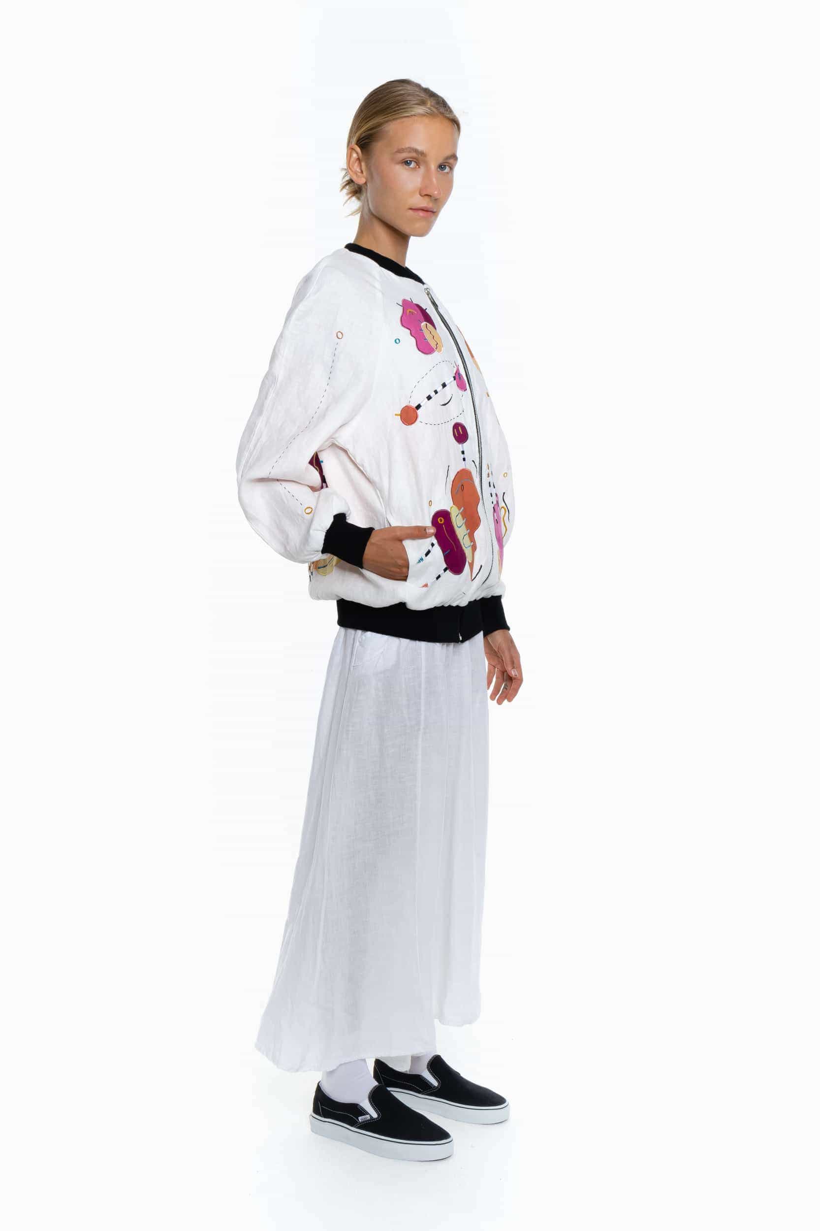 WHITE LIES, BRIGHT LINEN Unisex Bomber Jacket