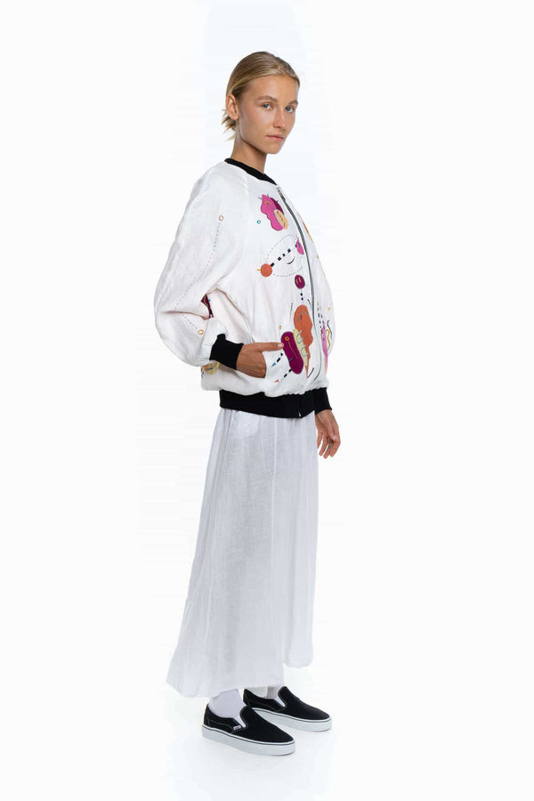 WHITE LIES, BRIGHT LINEN Unisex Bomber Jacket