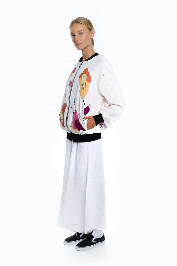 WHITE LIES, BRIGHT LINEN Unisex Bomber Jacket