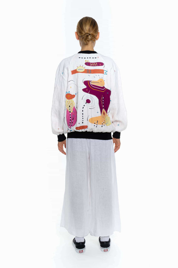 WHITE LIES, BRIGHT LINEN Unisex Bomber Jacket