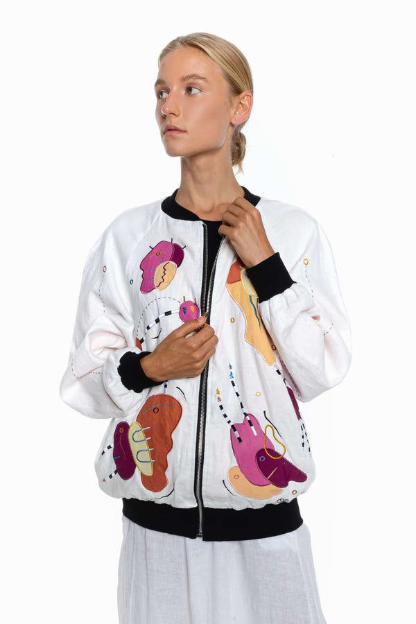 WHITE LIES, BRIGHT LINEN Unisex Bomber Jacket