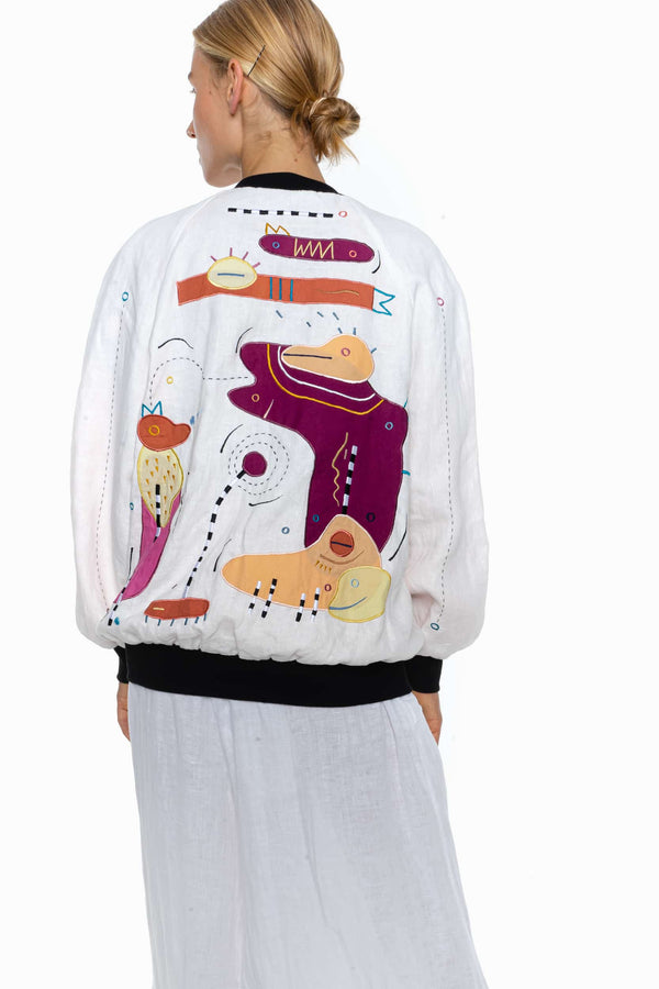 WHITE LIES, BRIGHT LINEN Unisex Bomber Jacket