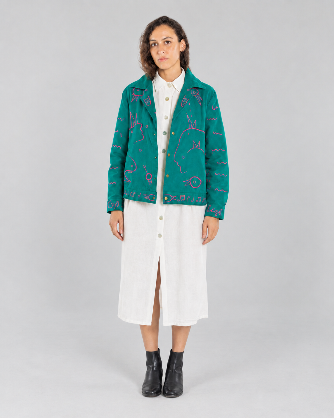 ACID FLAMINGO reversible artist jacket, model view on linen grey