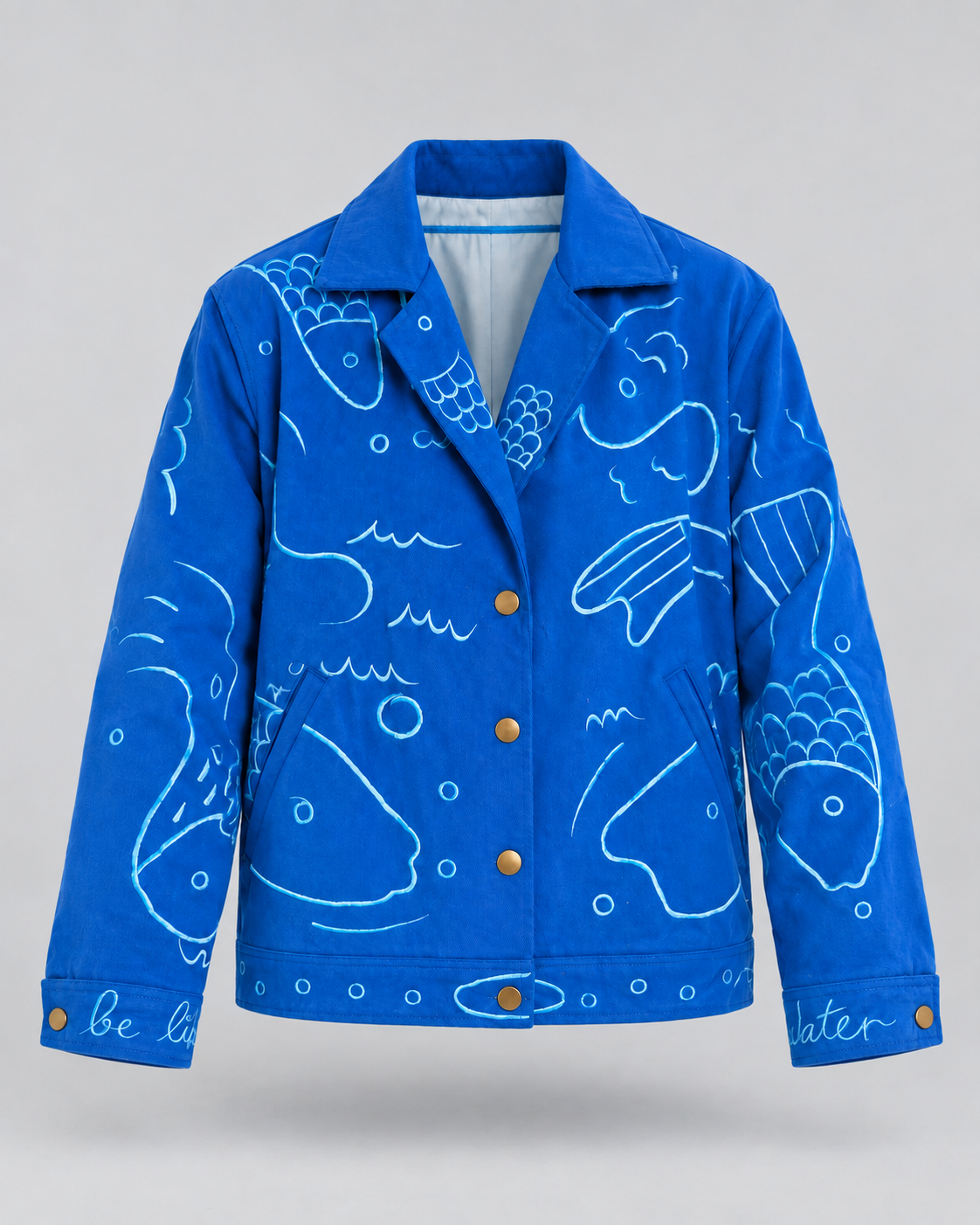 FISH & SHITS reversible artist jacket, product-only review image on linen grey