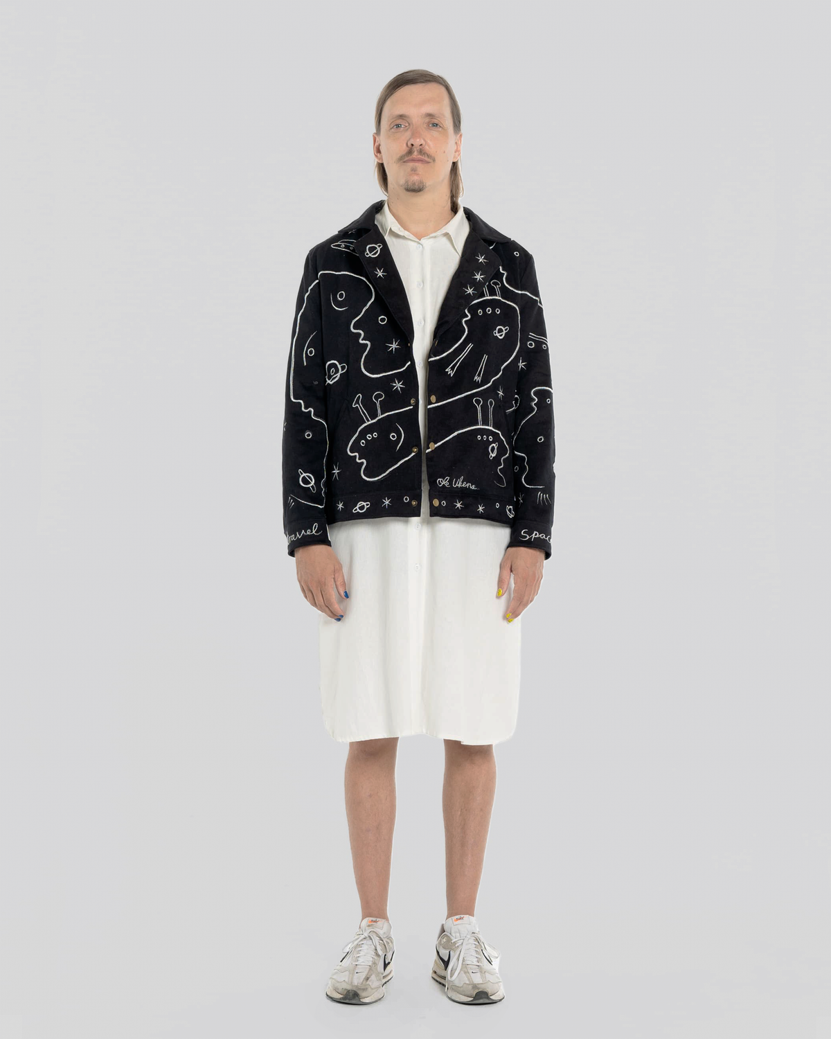 SPACE COOKIE reversible artist jacket, model view on linen grey