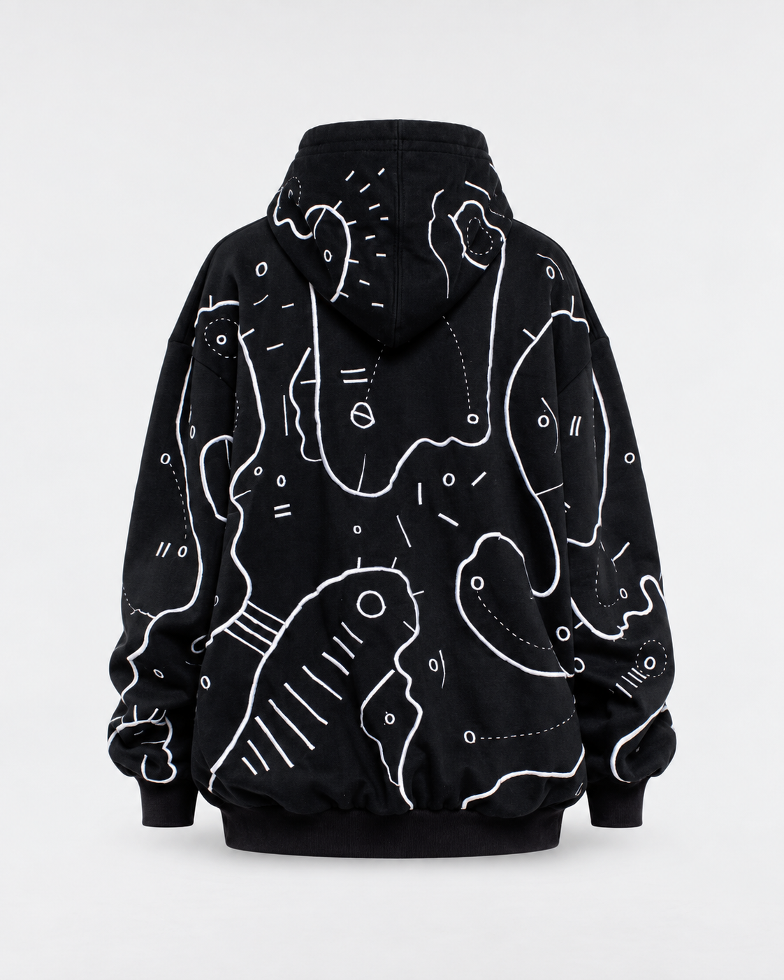BLACK MAGIC hoodie, product-only back view on linen grey