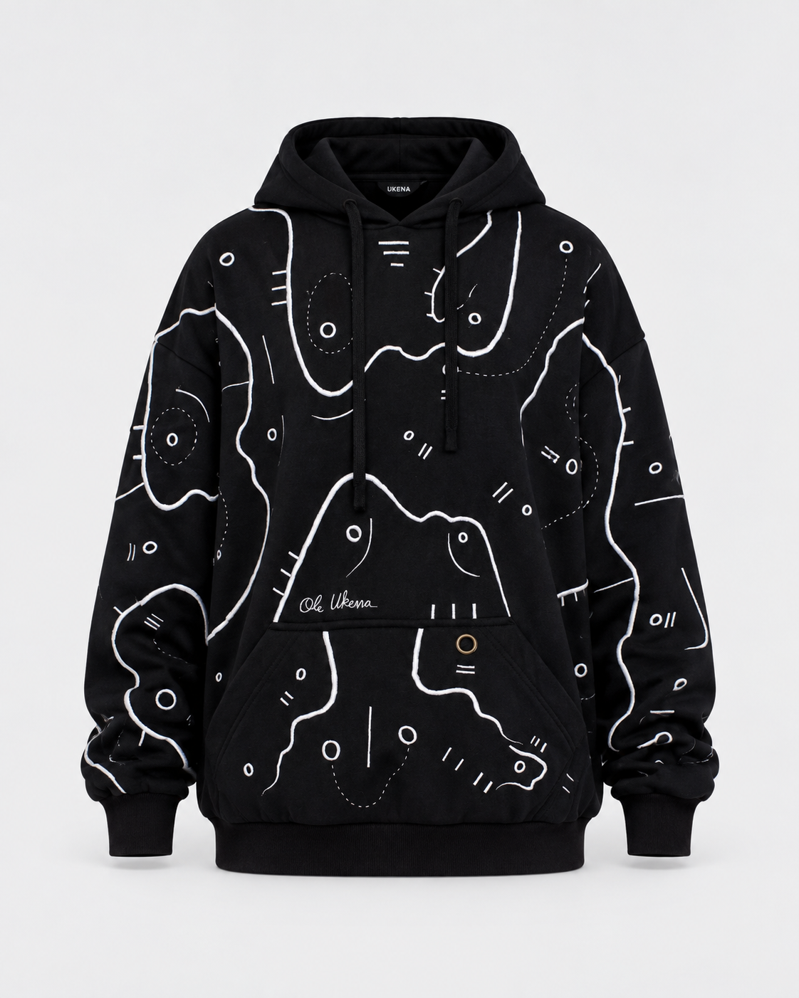 BLACK MAGIC hoodie, product-only front view on linen grey