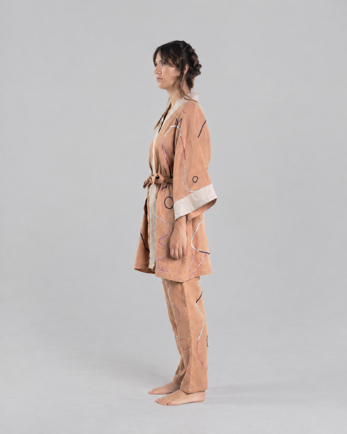 Brown Sugar Chicken kimono set, side view against a neutral grey background