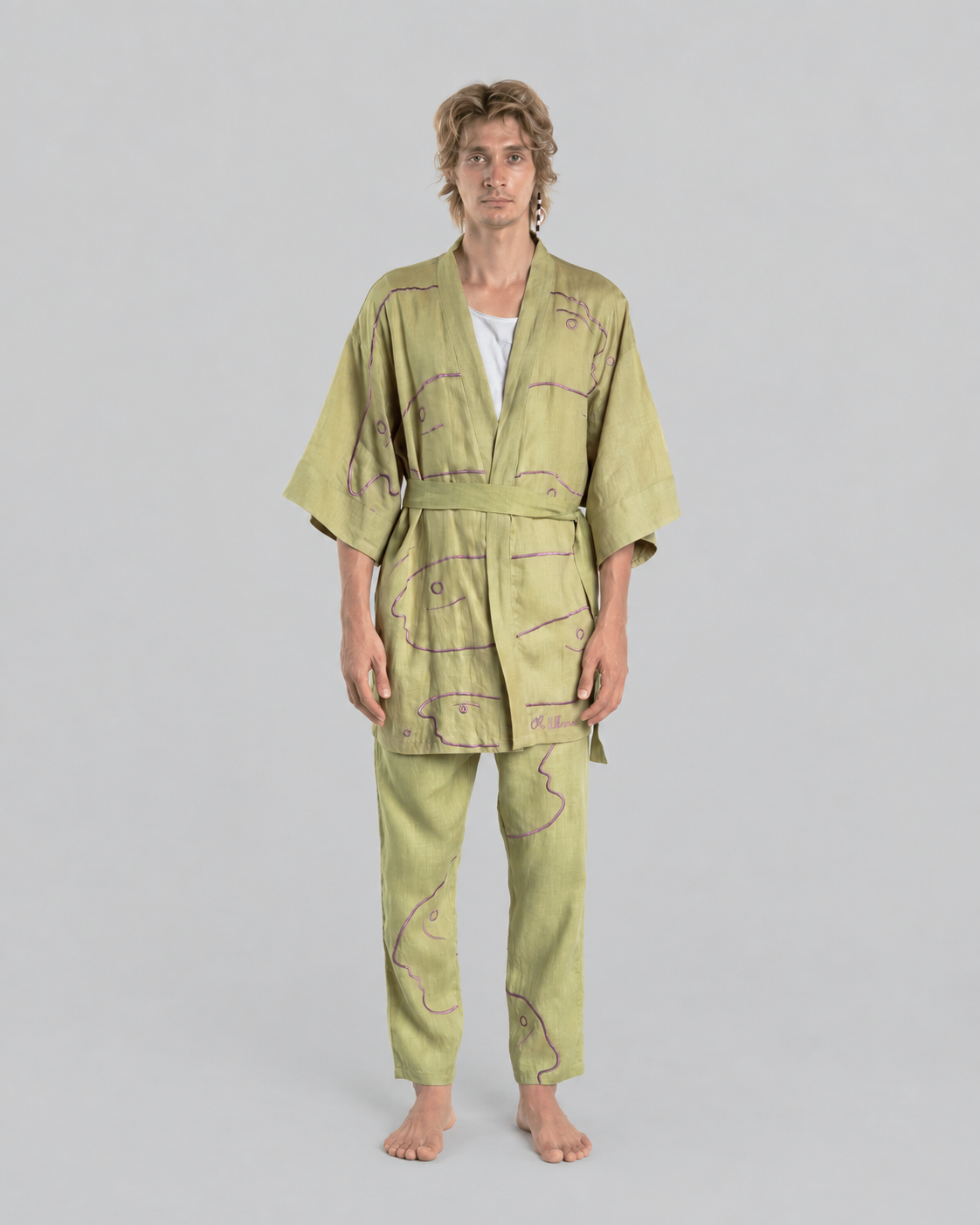 Green Goblin kimono set, front view on a model against a neutral grey background