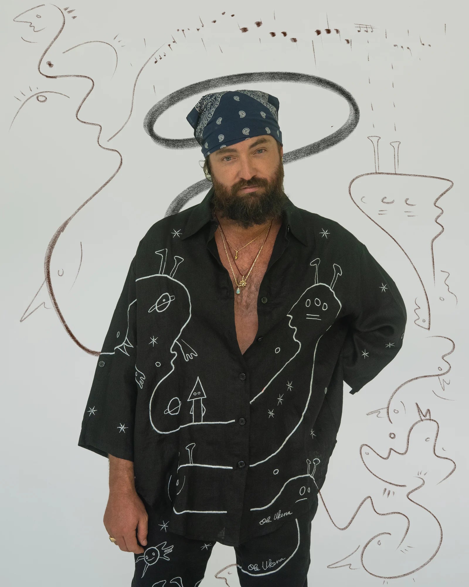 RY X wearing a UKENA linen work in a drawn portrait