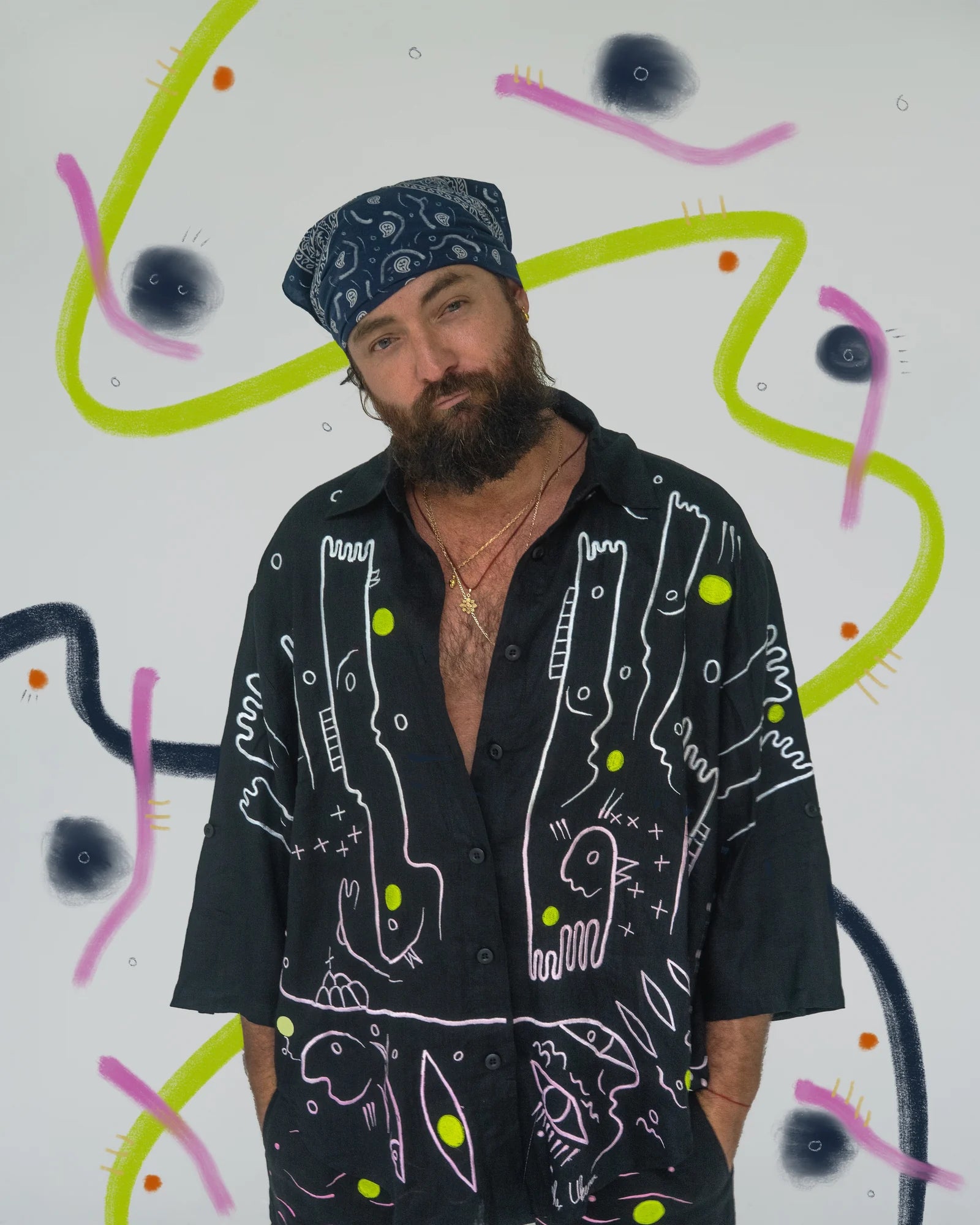 RY X in a black embroidered UKENA work, extended with drawn lines