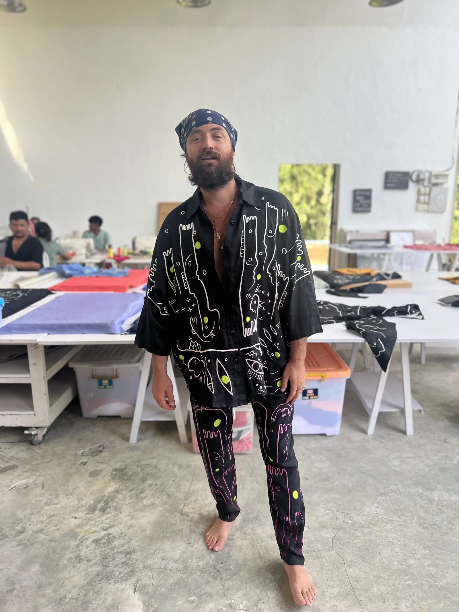 RY X wearing a UKENA linen work in a drawn portrait
